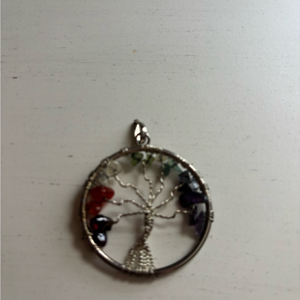 Silver Tree of Life Pendant with Multicolor Gemstones